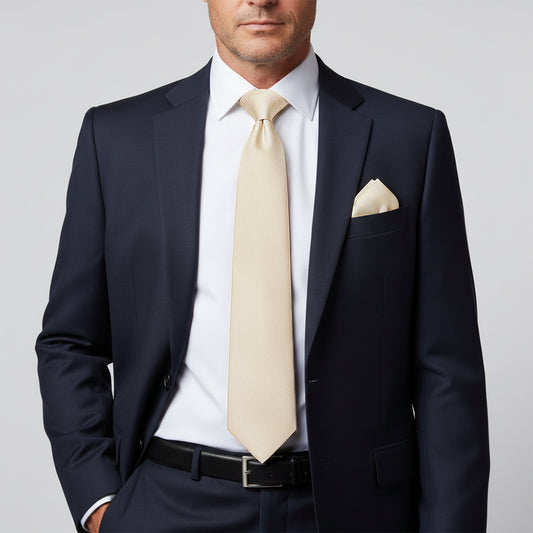 Plain Champagne Silk Classic Mens Tie and Pocket Square Set