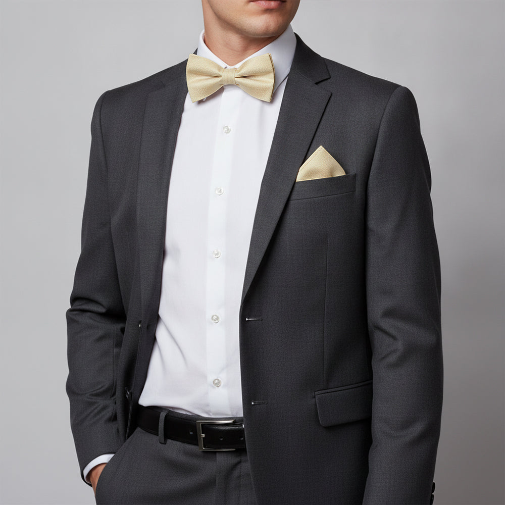 Plain Champagne Textured Silk Mens Bow Tie and Pocket Square Set