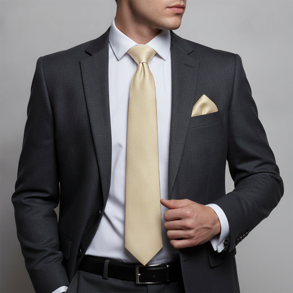 Plain Champagne Textured Silk Classic Mens Tie and Pocket Square Set