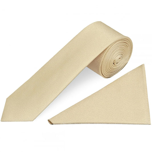 Plain Champagne Textured Silk Skinny Boys Tie and Pocket Square Set