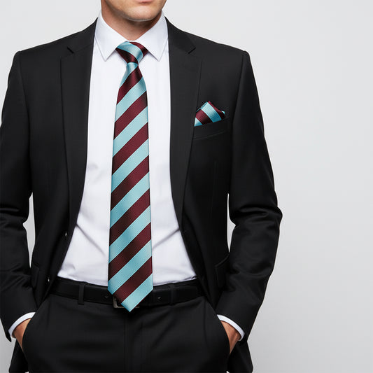 Claret and Blue Striped Hand Made Classic Mens Football Tie and Pocket Square Set