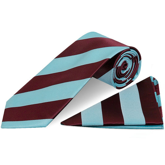 Claret and Blue Striped Hand Made Classic Mens Football Tie and Pocket Square Set
