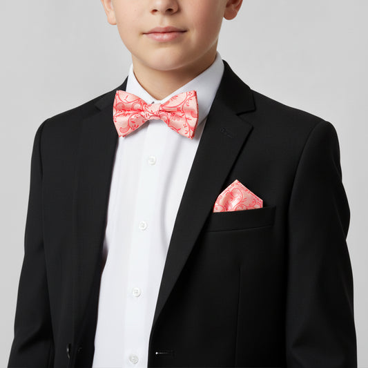 Pre Tied Coral Pink Floral Boys Bow Tie and Pocket Square Set