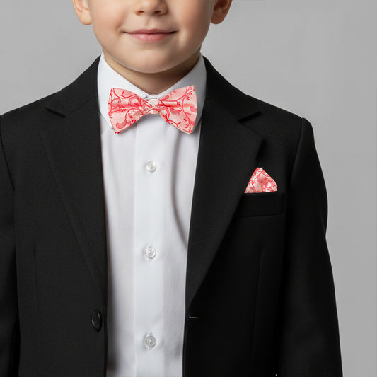 Pre Tied Coral Pink Floral Boys Bow Tie and Pocket Square Set Age 4-7