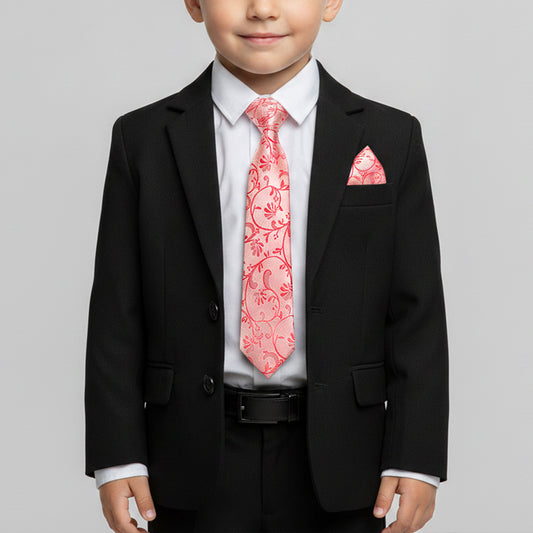 Pre Tied Coral Pink Floral Boys Tie and Pocket Square Set Age 4-7
