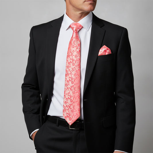 Coral Pink Floral Classic Men's Tie and Pocket Square Set