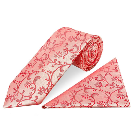 Coral Pink Floral Classic Men's Tie and Pocket Square Set