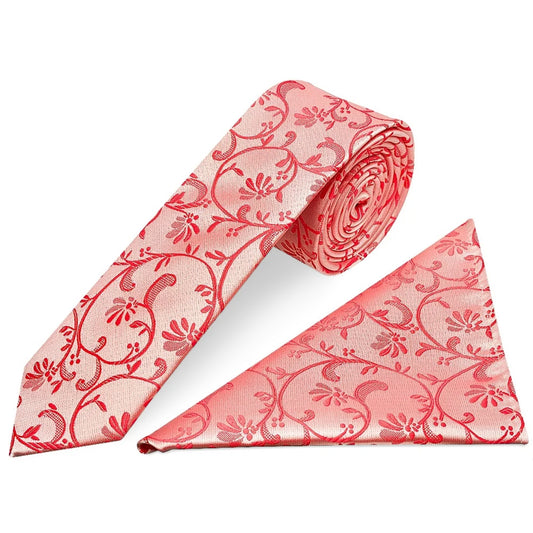 Coral Pink Floral Skinny Men's Tie and Pocket Square Set