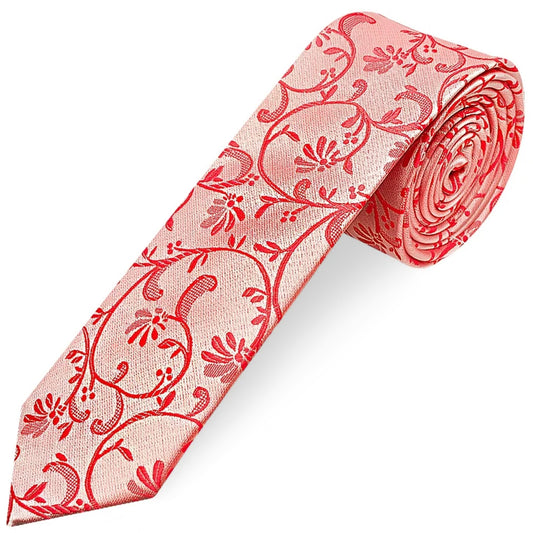 Coral Pink Floral Skinny Men's Tie and Pocket Square Set