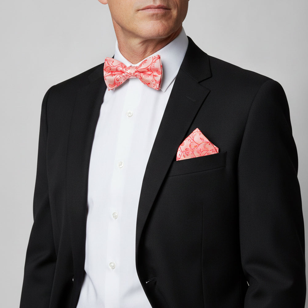 Coral Floral Handmade Mens Bow Tie and Pocket Square Set
