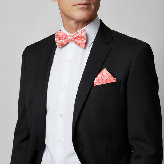 Coral Floral Handmade Mens Bow Tie and Pocket Square Set