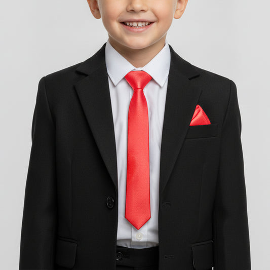 Pre Tied Coral Pink Satin Boys Tie and Pocket Square Set Age 4-7