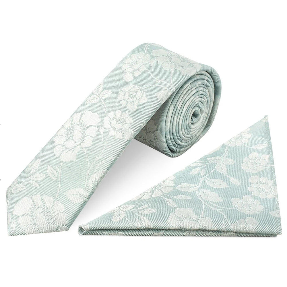Duck Egg with White Floral Silk Skinny Tie and Pocket Square Set