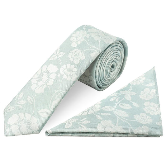 Duck Egg with White Floral Silk Skinny Tie and Pocket Square Set