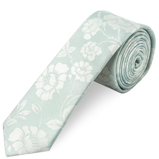Duck Egg with White Floral Silk Skinny Tie and Pocket Square Set