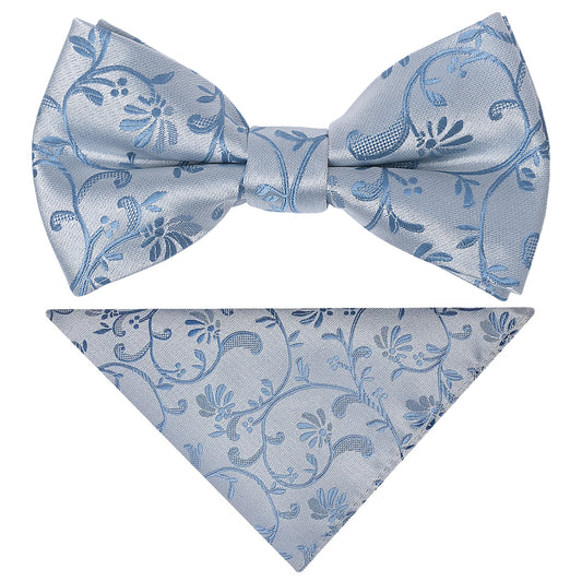 Pre Tied Dusty Blue Floral Boys Bow Tie and Pocket Square Set Age 4-7