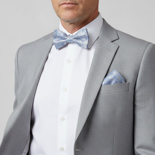 Dusty Blue Floral Handmade Mens Bow Tie and Pocket Square Set