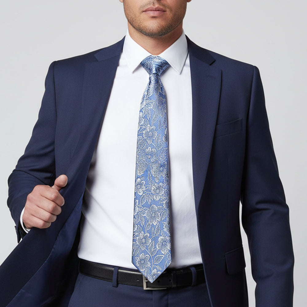 Dusty Blue Floral Silk Classic Mens Tie