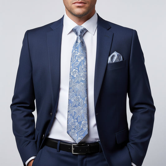 Dusty Blue Floral Silk Classic Mens Tie and Pocket Square Set