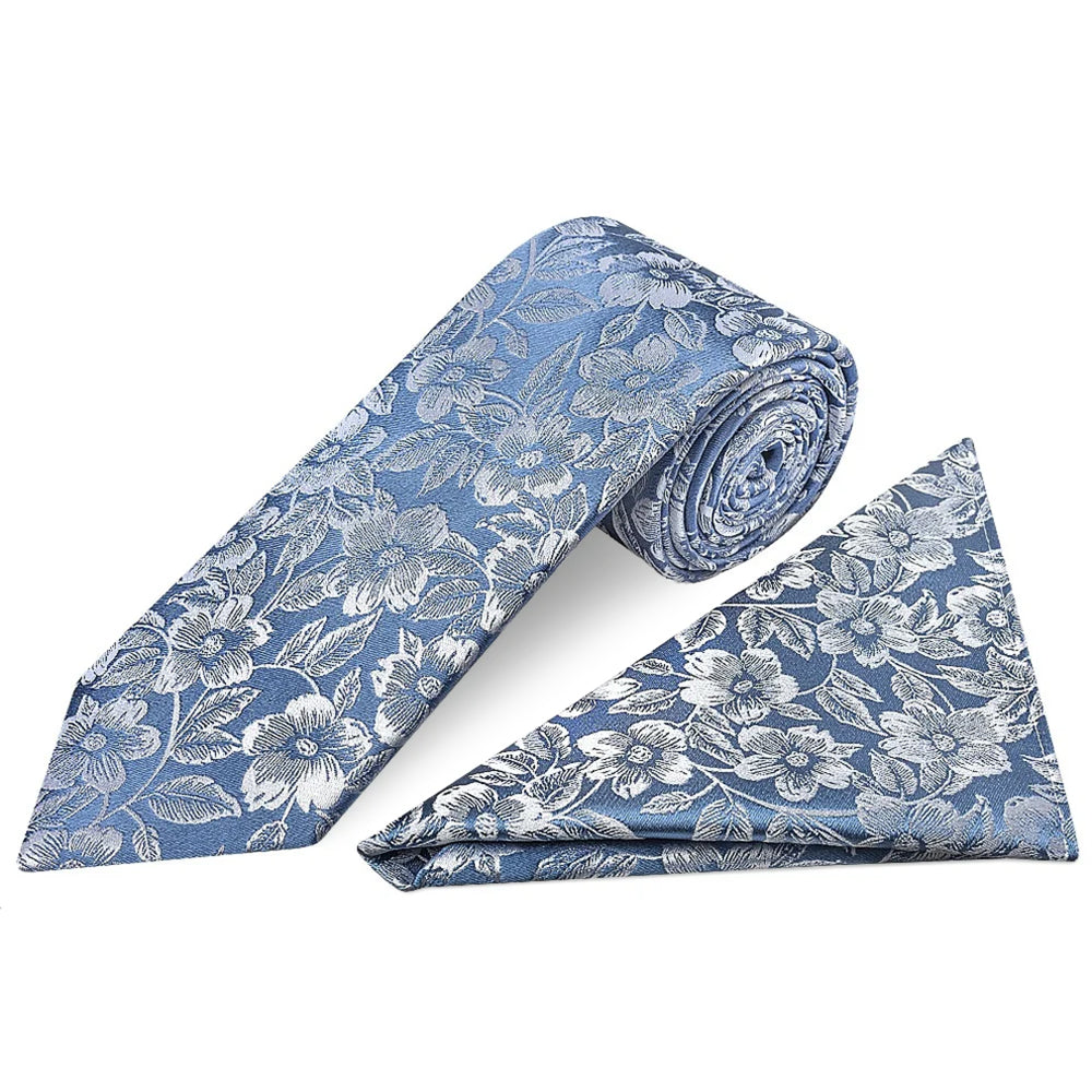 Dusty Blue Floral Silk Classic Mens Tie and Pocket Square Set