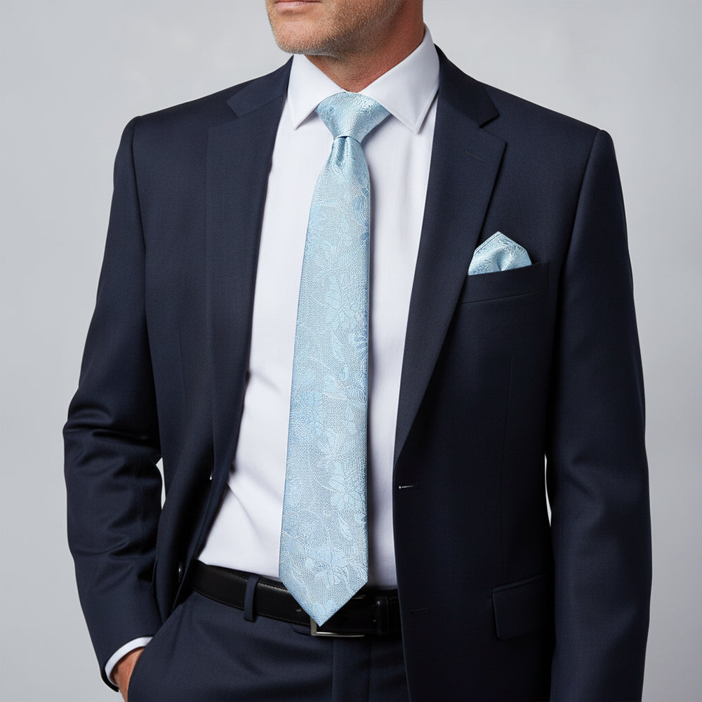 Dusty Blue Flower Classic Men's Tie and Pocket Square Set