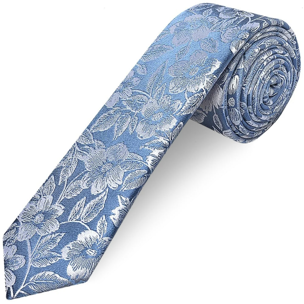 Dusty Blue Floral Silk Skinny Mens Tie and Pocket Square Set