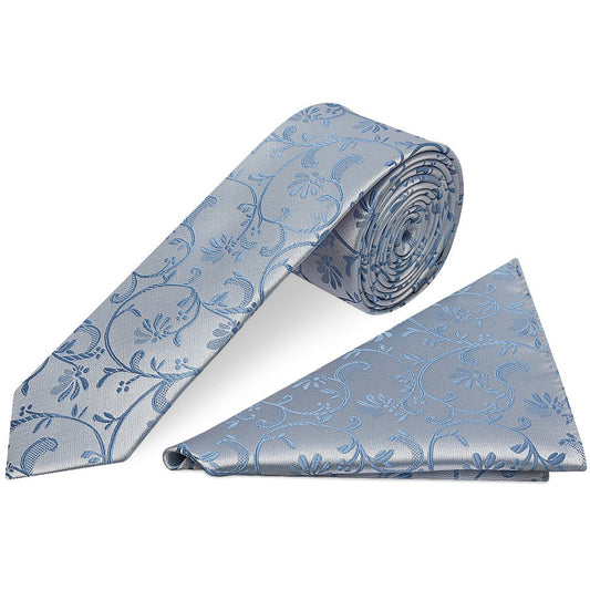 Dusty Blue Floral Skinny Men's Tie and Pocket Square Set