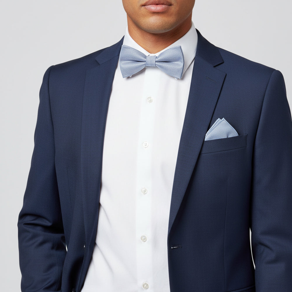 Plain Dusty Blue Silk Mens Bow Tie and Pocket Square Set