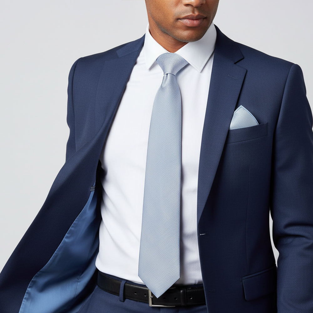 Plain Dusty Blue Silk Classic Mens Tie and Pocket Square Set