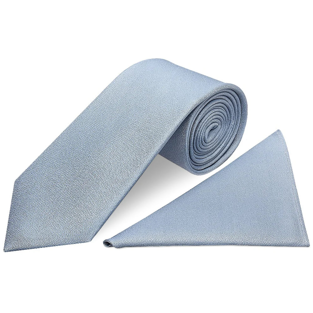 Plain Dusty Blue Silk Classic Mens Tie and Pocket Square Set