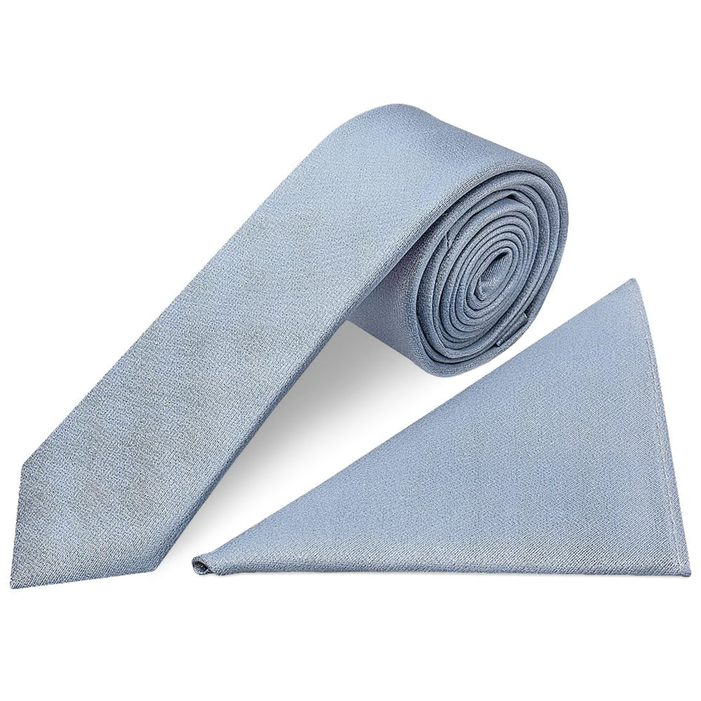 Plain Dusty Blue Silk Skinny Boys Tie and Pocket Square Set