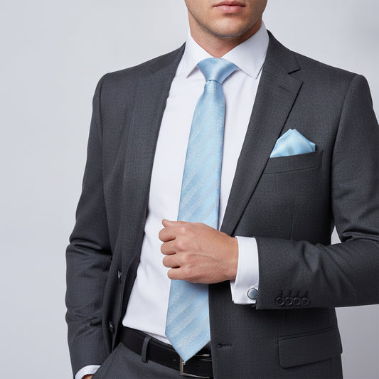 Mens Dusty Blue Textured Stripe Silk Classic Tie Pocket Square and Cufflink Box Set