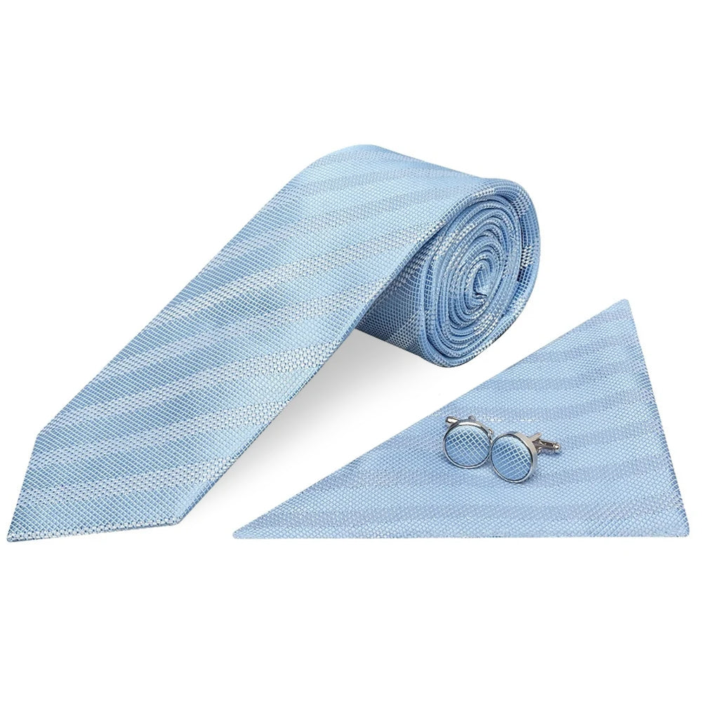 Mens Dusty Blue Textured Stripe Silk Classic Tie Pocket Square and Cufflink Box Set