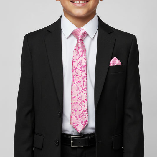 Fuchsia Floral Skinny Boys Tie and Pocket Square Set
