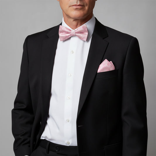 Dusty Pink Floral Handmade Mens Bow Tie and Pocket Square Set