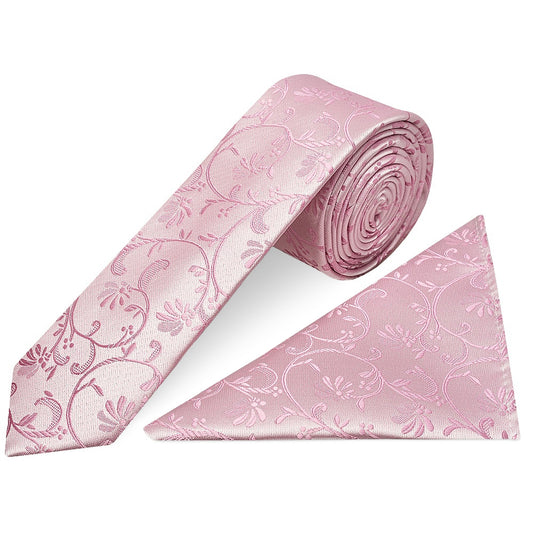 Dusty Pink Floral Skinny Men's Tie and Pocket Square Set