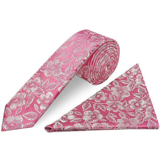 Dusty Pink Floral Silk Skinny Mens Tie and Pocket Square Set