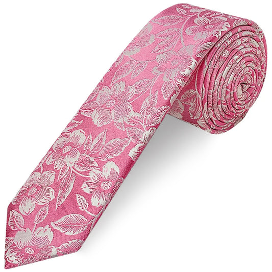 Dusty Pink Floral Silk Skinny Mens Tie and Pocket Square Set
