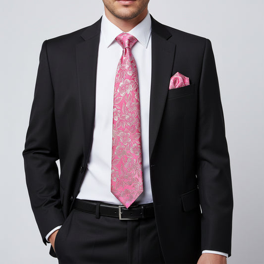 Dusty Pink Floral Silk Classic Mens Tie and Pocket Square Set