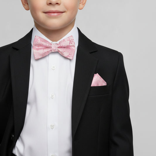 Pre Tied Dusty Pink Floral Boys Bow Tie and Pocket Square Set Age 4-7