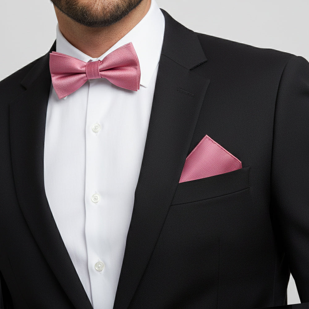 Plain Dusty Pink Silk Mens Bow Tie and Pocket Square Set