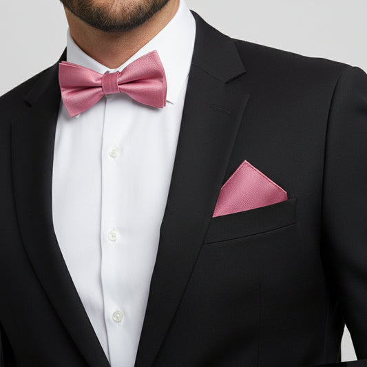 Plain Dusty Pink Silk Mens Bow Tie and Pocket Square Set