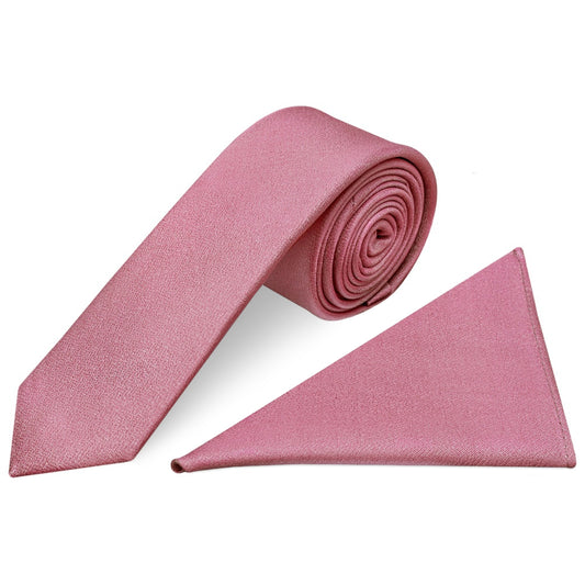 Plain Dusty Pink Silk Skinny Mens Tie and Pocket Square Set