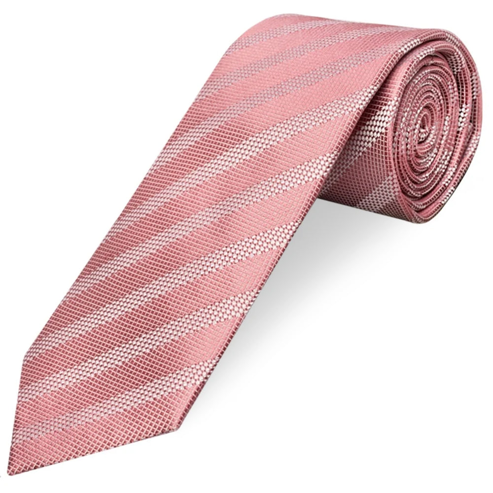 Mens Dusty Pink Textured Stripe Silk Classic Tie Pocket Square and Cufflink Box Set