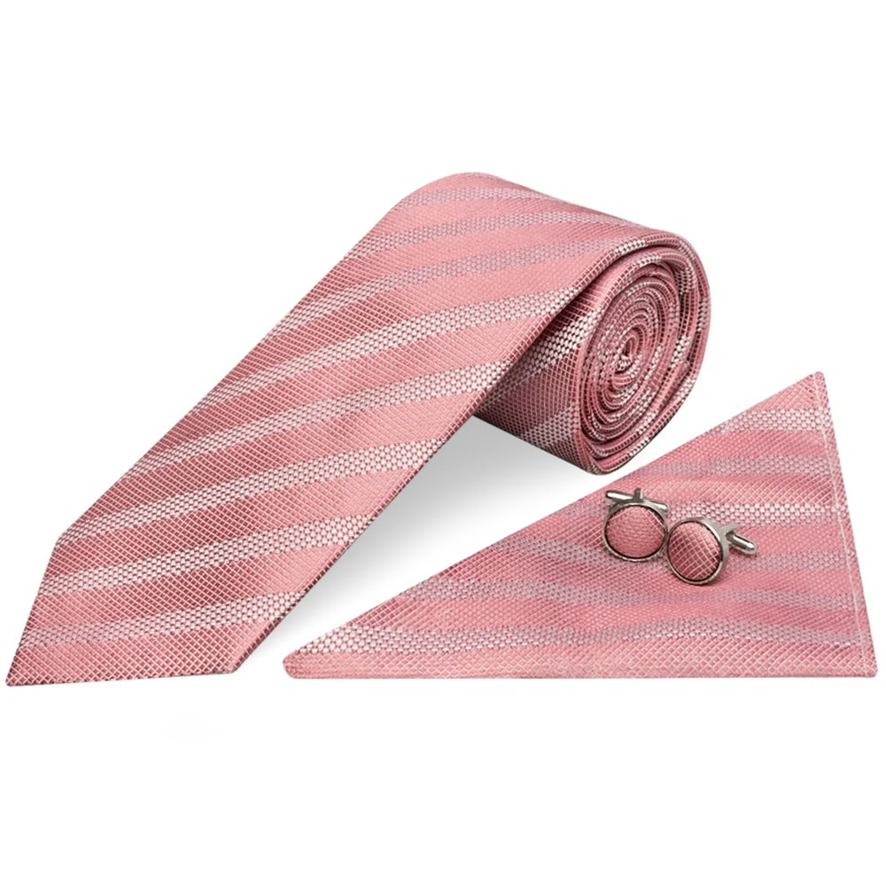 Mens Dusty Pink Textured Stripe Silk Classic Tie Pocket Square and Cufflink Box Set