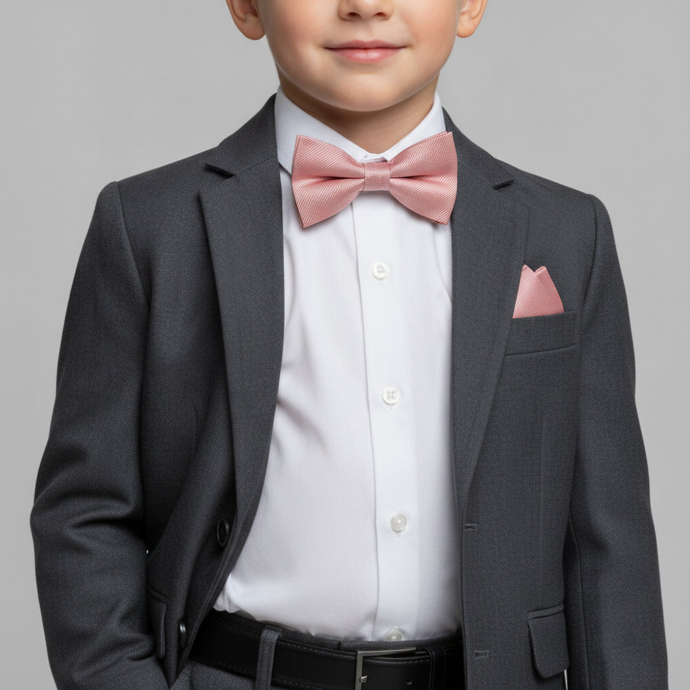 Pre Tied Dusty Rose Twill Silk Boys Bow Tie and Pocket Square Age 4-7