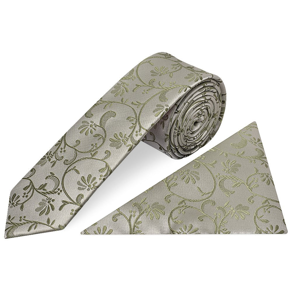 Dusty Sage Floral Skinny Men's Tie and Pocket Square Set