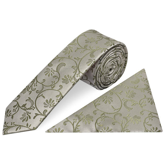 Dusty Sage Floral Skinny Men's Tie and Pocket Square Set