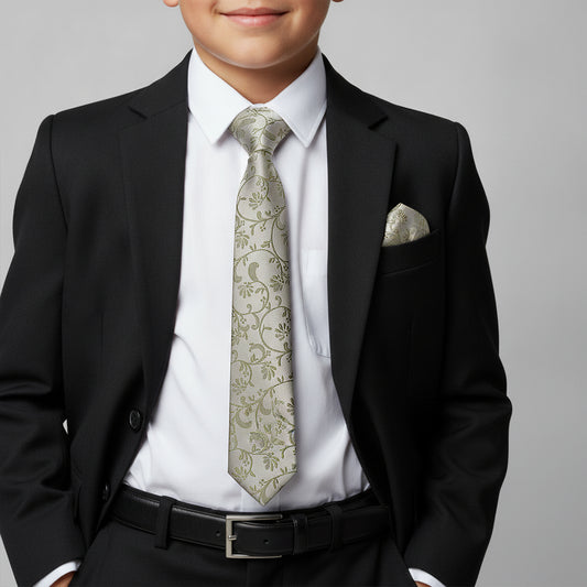 Dusty Sage Floral Skinny Boys Tie and Pocket Square Set