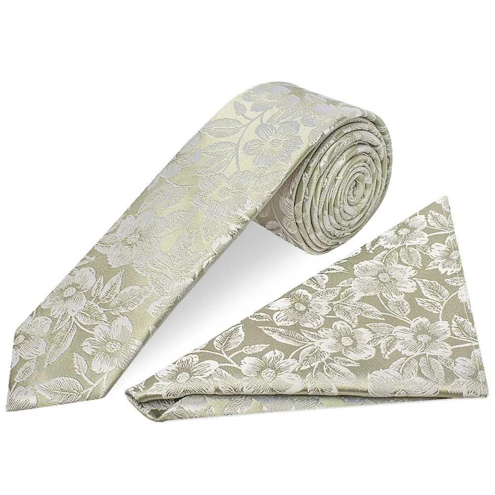 Dusty Sage Floral Silk Skinny Mens Tie and Pocket Square Set
